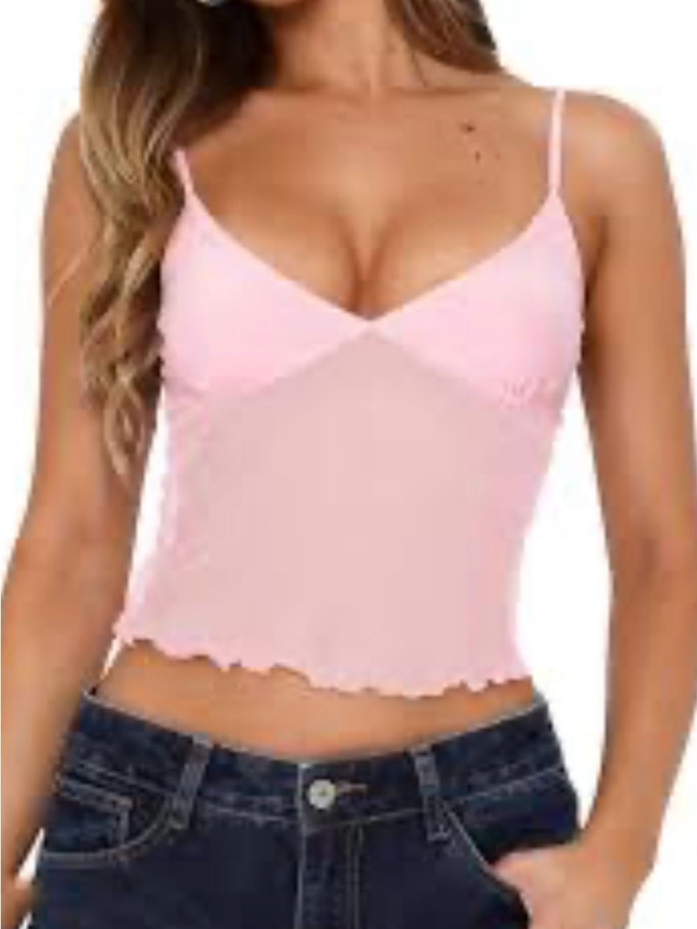 Pink Sheer Y2K Spaghetti Strap Crop Top Adjustable Spring Festival Small